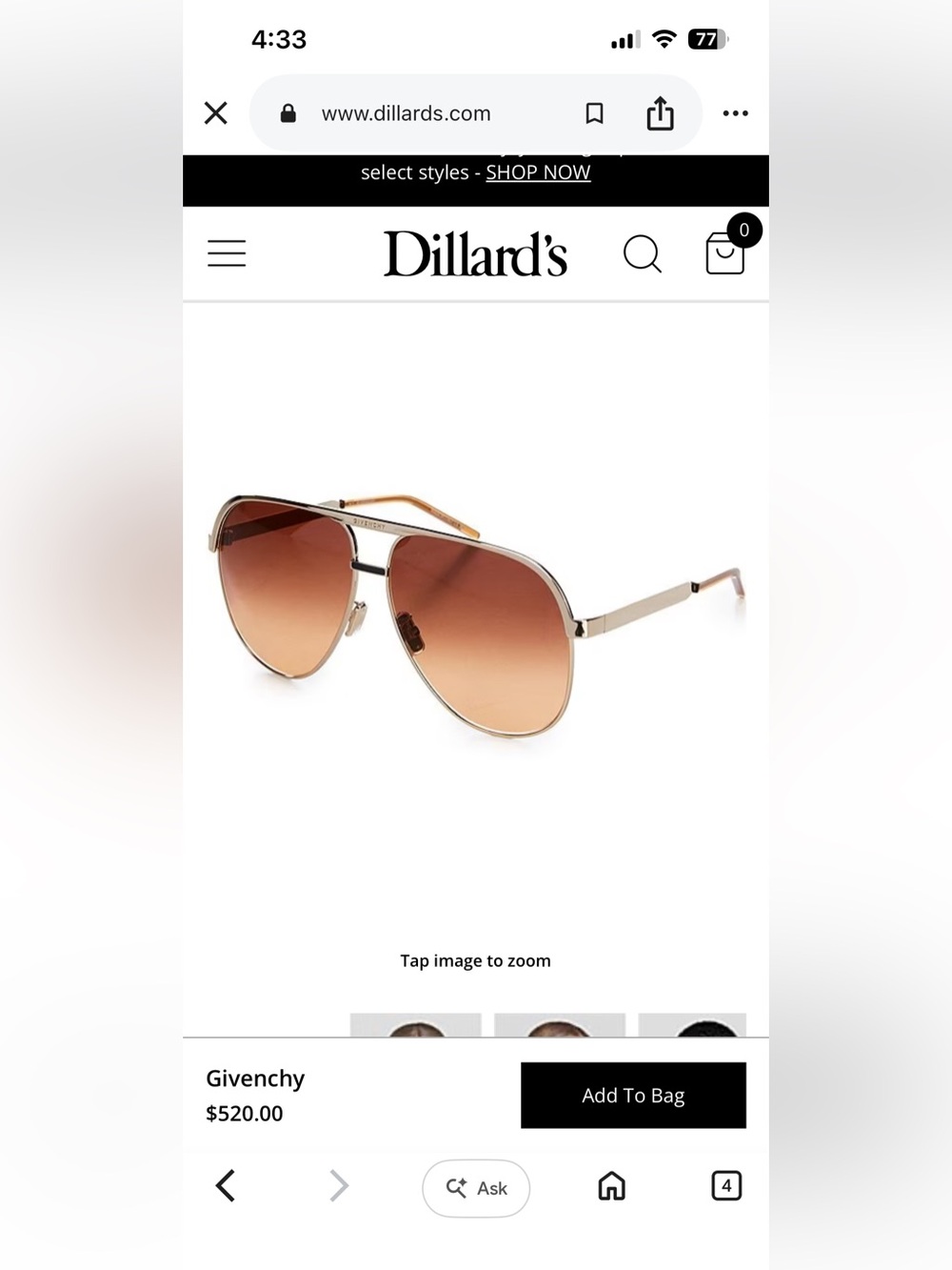 Givenchy Gold Metal Aviator Sunglasses with Brown Gradient Lenses - Unisex.